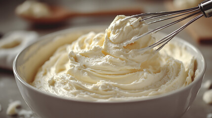 Creamy whipped cream being lifted with a whisk from a bowl.