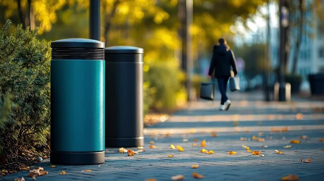 Two modern trash cans on a city sidewalk in autumn with fallen leaves, a blurred person walking in the background, on a sunny day.