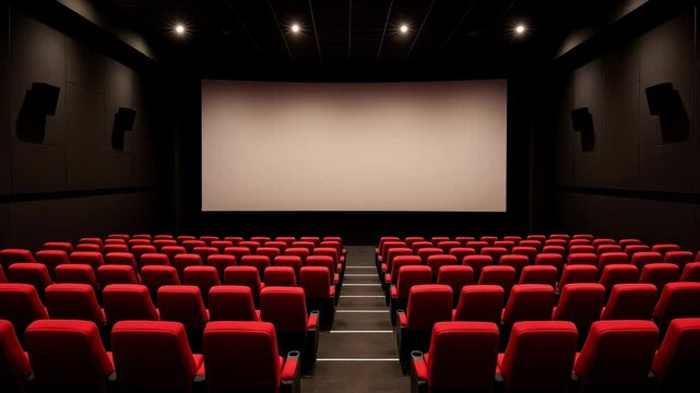 Wide-angle view of an empty cinema with red seats facing a large screen, ideal for a video presentation or movie screening ambiance. Live desktop wallpaper.