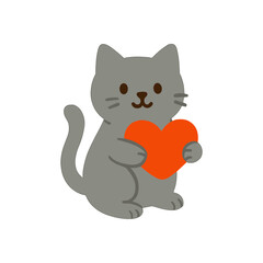 Grey cat lovingly holds heart illustration design element
