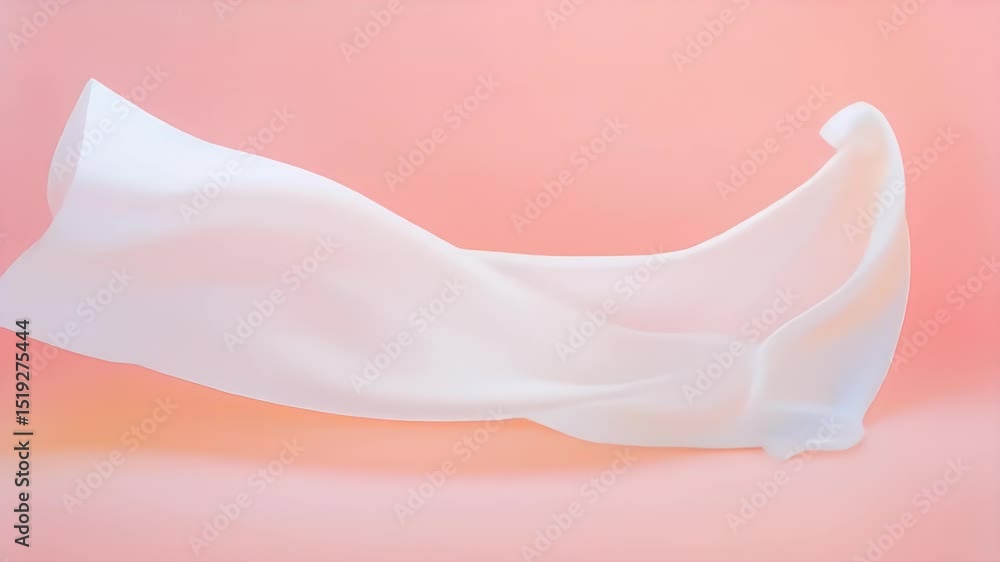 Poster ソフトピンクの背景に浮かぶ白い布の抽象的な波形ドレープが光沢のある背景を彩るミニマルな背景素材