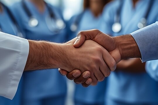 Handshake between two businessmen, a man and a woman, symbolizing business agreement, teamwork, and professional partnership - Powered by Adobe