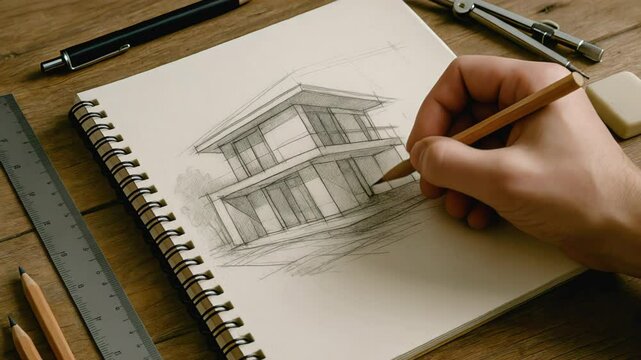House sketch fills the notebook as a hand shades lines, house sketch captures a modern facade and house sketch whispers future living. Concept architectural creativity.