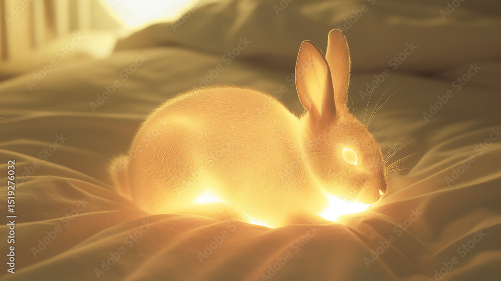 Poster this glowing rabbit hologram projected softly onto a bed, creating an ambient, futuristic atmosphere