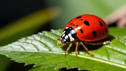 Fototapeta premium Red and black ladybug on a green leaf, a close-up macro of the insect in nature, vibrant in the summer garden