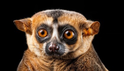 Obraz premium Closeup of a Lemur Slow Loris against a Black Background, Capturing its Expressive Eyes and Fur Textures in High Definition, Showcasing the Enigmatic Beauty and Vulnerable Grace of these