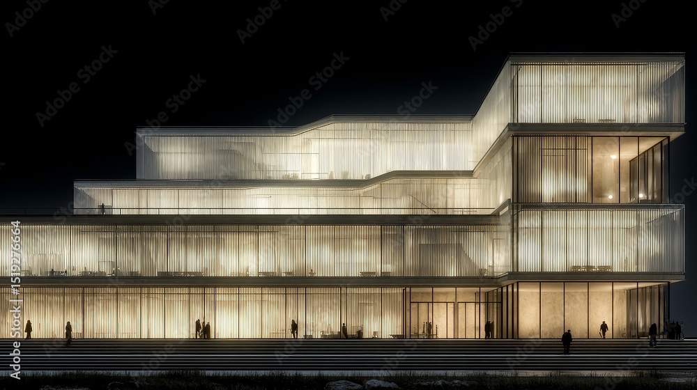 Poster flat multistory facade elevation featuring repetitive modular offset overlapping translucent white c