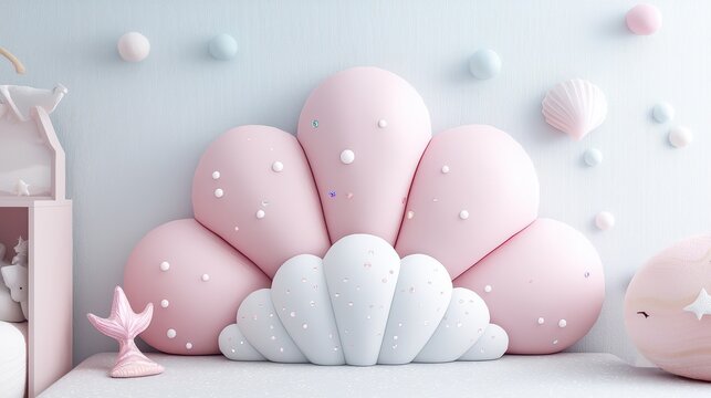 Kids room interior concept. A whimsical pink shell-shaped headboard in a pastel-themed children's room. - Powered by Adobe