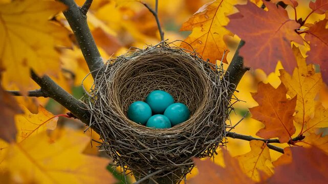 Teal eggs in nest, fall leaves