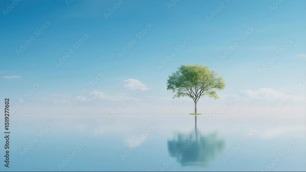 Poster クリアブルーの空の下に立つ孤独な緑の木、水面に映る反射、静かで平和な風景の3dレンダリング