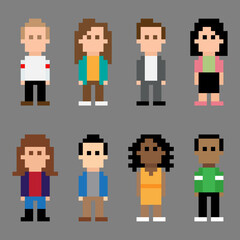 group of people in pixelated art. The people are of different races and genders. background is in a grayish color. design for all business