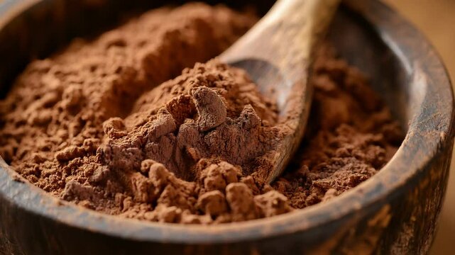 Wooden spoon resting in a bowl filled with rich, clumpy cocoa powder under soft lighting