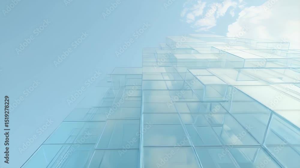 Poster 曇り空を背景にした青いガラスのブロック構造の抽象的な外観 現代的な都市建築デザインのビジネスの成長と幾何学的なイノベーション