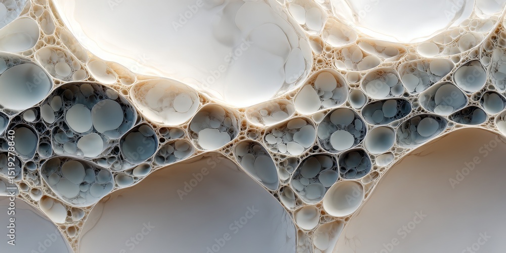 Poster abstract 2d illustration with flowing organic shapes resembling cellular structures in soft off-whit