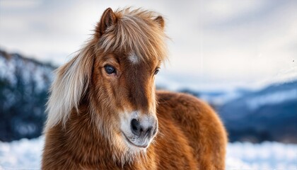 Obraz premium Striking Portrait of a Miniature Brown Horse Amidst Snowy Outdoor Scene in Canada, Capturing Frosty Tranquility and Majesty.