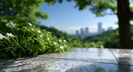 Fototapeta premium Sunlit Granite Floor Overlooking Green Forest and Glass Skyscrapers on a Bright Clear Day, granite floor, empty plaza, wide-angle view, green forest, city skyline, glass skyscrapers, clear blue sky,