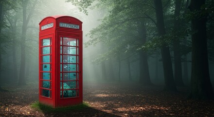 Obraz premium Red telephone booth standing alone in misty forest landscape 