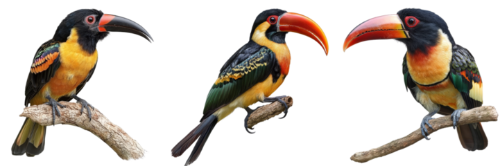 Three Colorful Aracaris Perched on Branches, Isolated on Transparent Background, Bird Illustration, Tropical Birds, Aracaris, Toucan, Bird Illustration