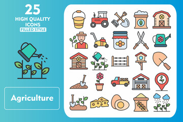 Agriculture Line Filled Icon Set. Incleded Icons Bucket, Tractor, Garden Tools, Fertilizer, Barn, Farmer, Lawnmower, Honey Jar. Vector Icons Collection
