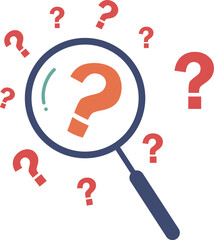 Magnifying glass with question marks spreads. Searching answer, investigation, crime scene vector illustration