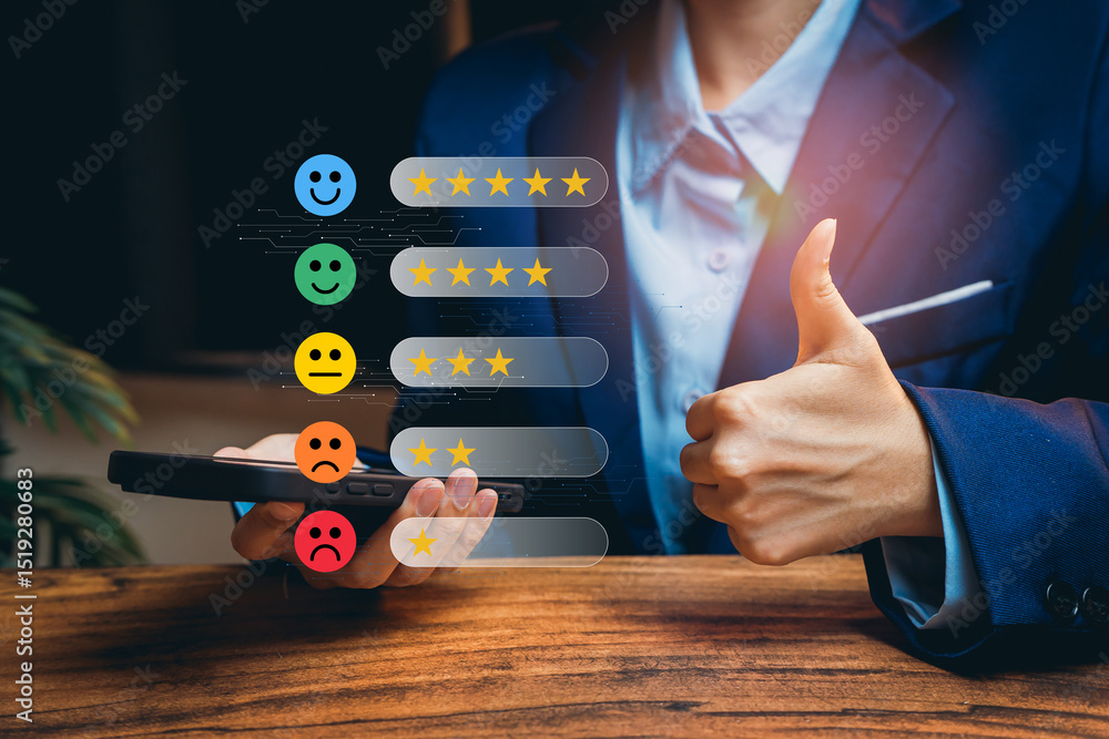 Poster feedback rating concept. business professional gesturing thumbs up with feedback stars rating displa