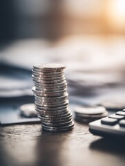 Stack Of Coins On Wooden Table With Calculator