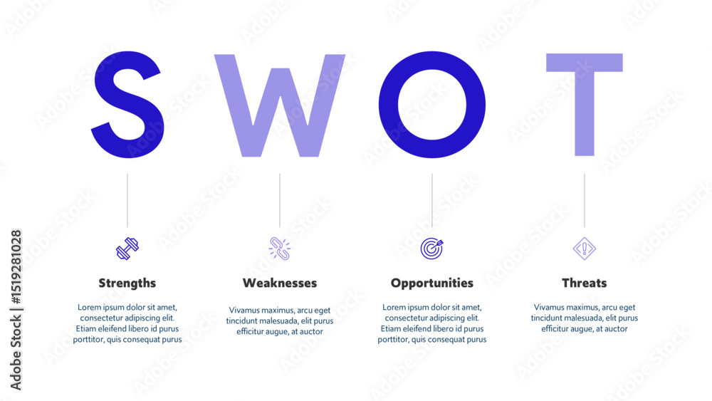 Poster four colorful elements with text inside placed around circle. concept of swot-analysis template or s