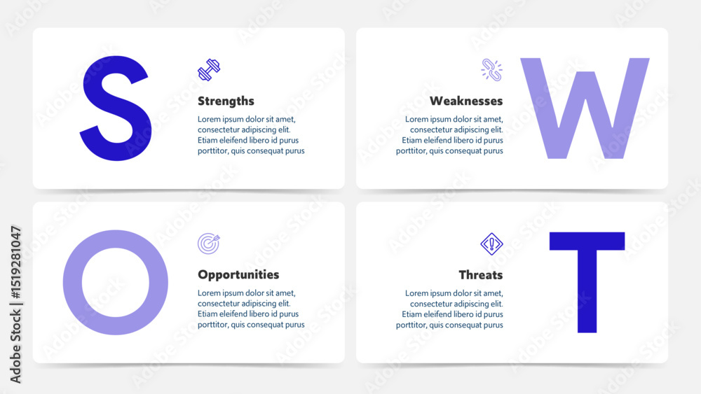 Poster four colorful elements with text inside placed around circle. concept of swot-analysis template or s