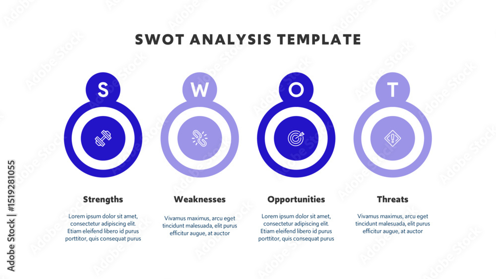 Poster four colorful elements with text inside placed around circle. concept of swot-analysis template or s