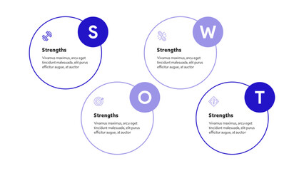 Four colorful elements with text inside placed around circle. Concept of SWOT-analysis template or strategic planning technique. Infographic design template. Vector illustration
