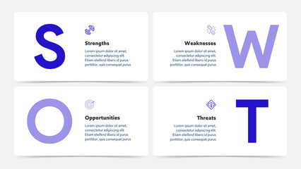 Four colorful elements with text inside placed around circle. Concept of SWOT-analysis template or strategic planning technique. Infographic design template. Vector illustration