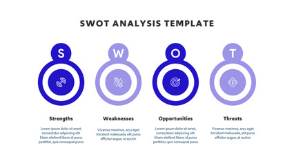 Four colorful elements with text inside placed around circle. Concept of SWOT-analysis template or strategic planning technique. Infographic design template. Vector illustration
