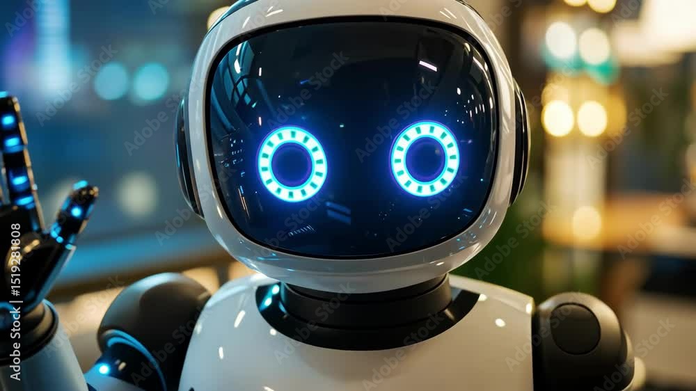 Poster modern robot waves hand in futuristic technology concept. artificial intelligence with glowing light