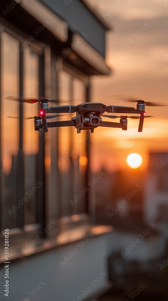 Poster drone hovering close to large smart window of modern house with golden sunset reflection, cinematic 