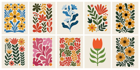Trendy Vintage Botanical Wall Art Prints featuring Abstract Flowers, Organic Leaves, and Modern Shapes, Perfect for Contemporary Home Decor and Aesthetic Living Spaces.