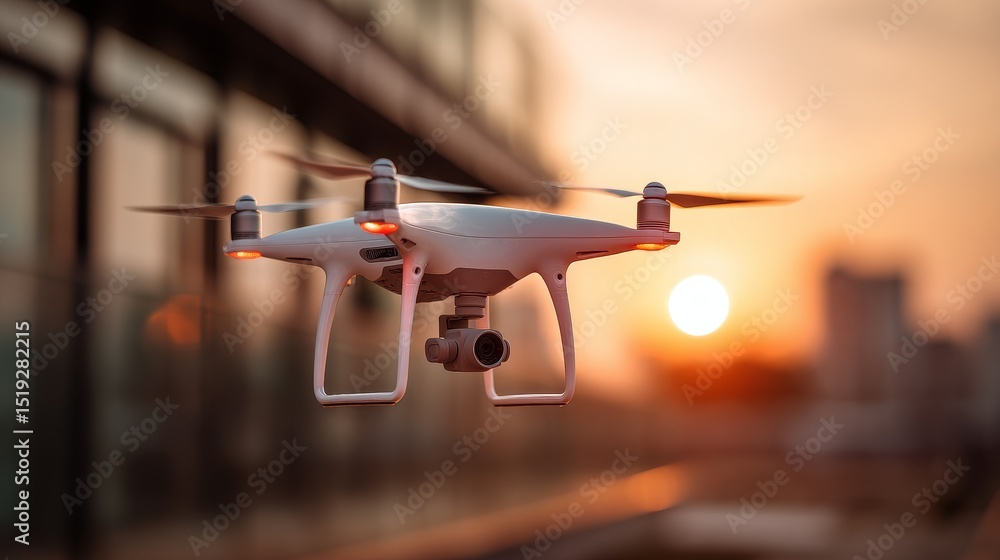 Poster drone hovering close to large smart window of modern house with golden sunset reflection, cinematic 