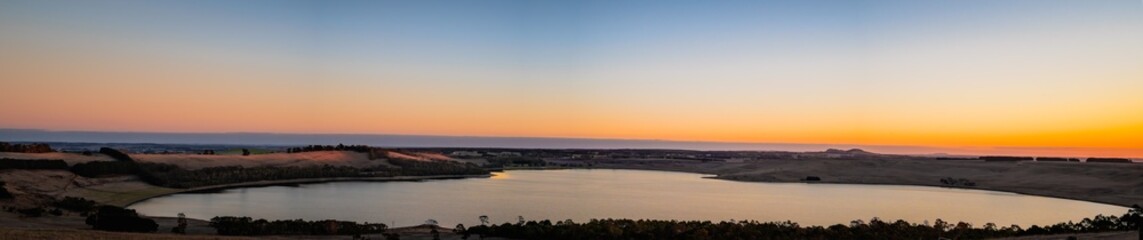 Panoramic view of sunset over the lake, Lake Bullen Merri, Camperdown, Victoria, Australia