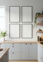 Modern Kitchen Interior with Four Blank Vertical Frame Mockups