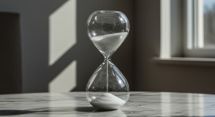 Hourglass on marble table with natural light and shadows  