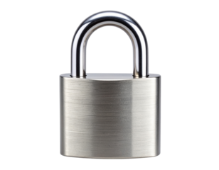 Close-Up of Shiny Silver Metal Padlock with Keyhole, isolated on a transparent background