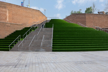 Liverpool, united kingdom January, 16, 2024  Grass covered city steps, liverpool one