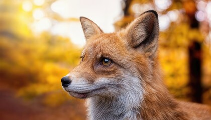 Fototapeta premium Cute Little Fox in an Autumn Forest Backdrop A Closer Look at the Captivating Charm of Autumn Hues, Textures, and Whimsical Playfulness.