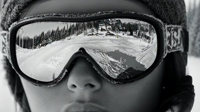 Woman in ski goggles reflects winter snow mountain landscape, ski lift, and forest.