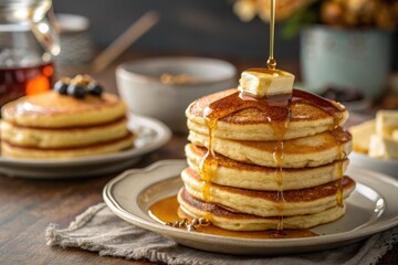A stack of warm, fluffy pancakes with melting butter and drizzled syrup.