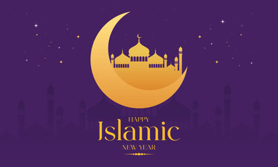 Elegant Happy Islamic New Year with Mosque Silhouette, Crescent Moon. Perfect for Muharram, Hijri New Year, Islamic holiday Celebrations, Banners, Invitations, Social Media Posts, and more.