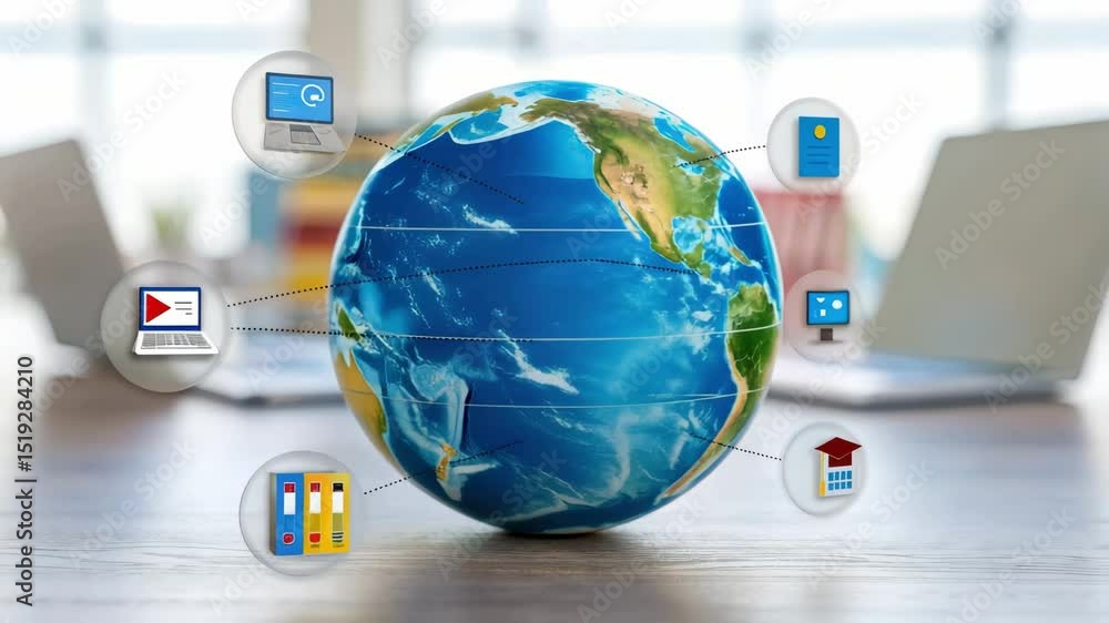 Poster a 3d globe visualization representing e-learning platforms and digital education.
