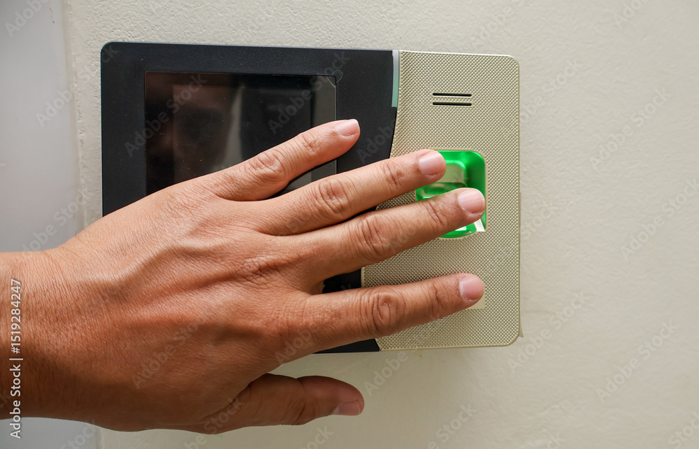 Poster a person scans their fingerprint on a biometric access control system, emphasizing modern security t