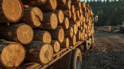 A truck loaded with cut logs ready for transport at a lumberyard with forest in the background scene