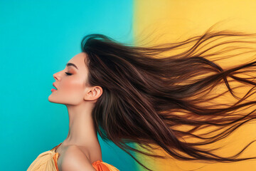 Woman with Flowing Hair Against Vibrant Background