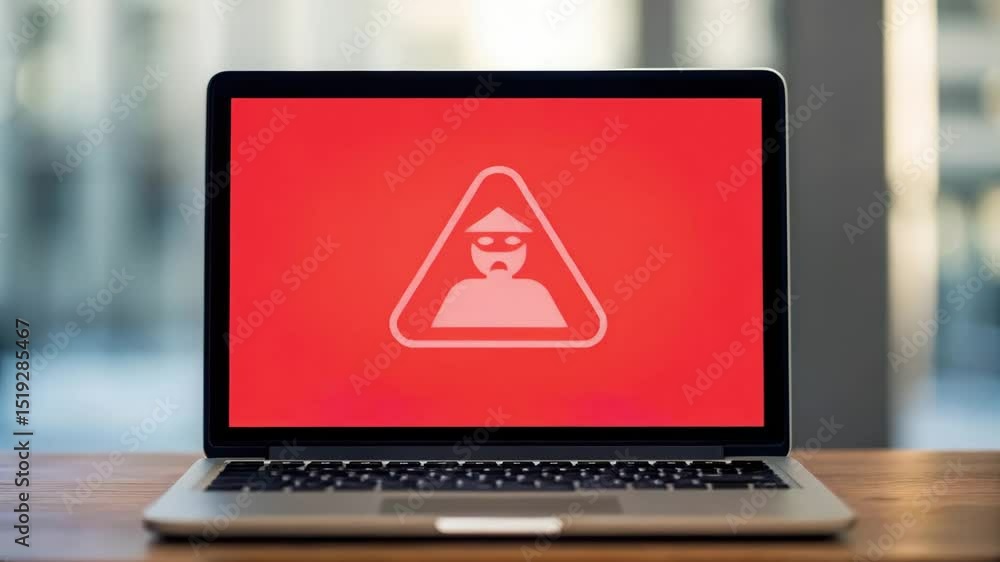 Poster a laptop screen showing a red alert sign indicating a warning or error message.